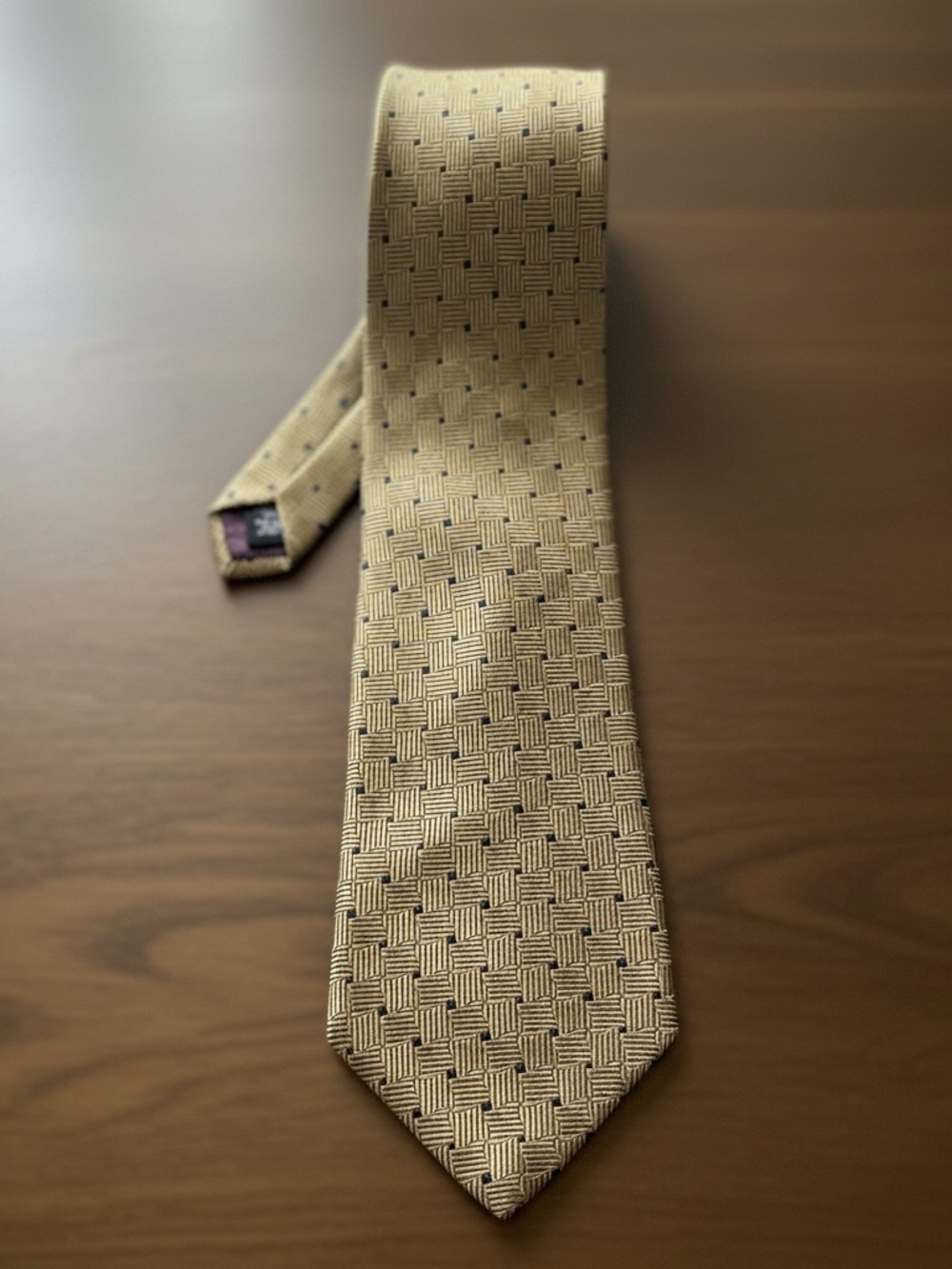 Palatina Men’s Gold Silk Necktie, L 58 inches Width 4 in, Geometric Pattern